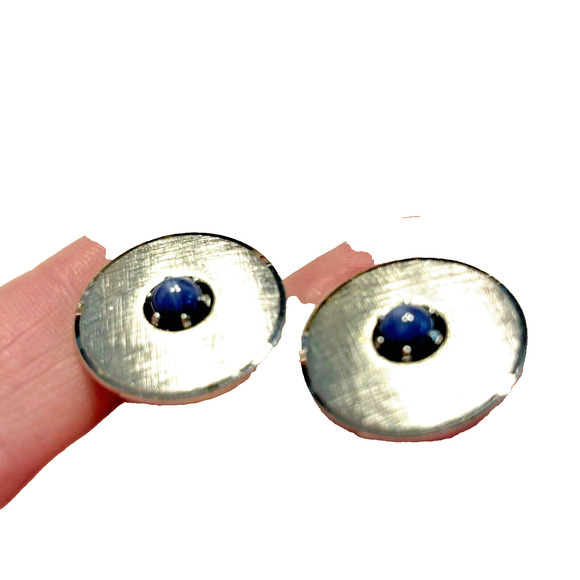 Vintage Anson Sterling Silver Cufflinks Brushed Discs with Blue Center Stones - Picture 6 of 7